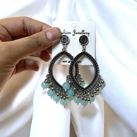 Silver Motif Oxidised Earring (Fresh Blue Glass Beads) For Resin Art - ClartStudios - Polymer clay Jewellery