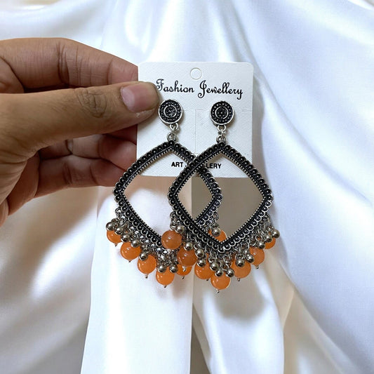 Silver Rhombus Oxidised Earring (Orange Glass Beads) For Resin Art - ClartStudios - Polymer clay Jewellery