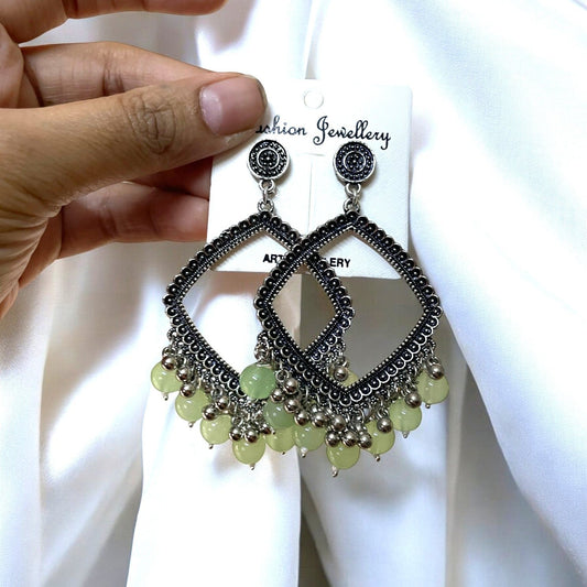 Silver Rhombus Oxidised Earring (Pastel GreenGlass Beads) For Resin Art - ClartStudios - Polymer clay Jewellery