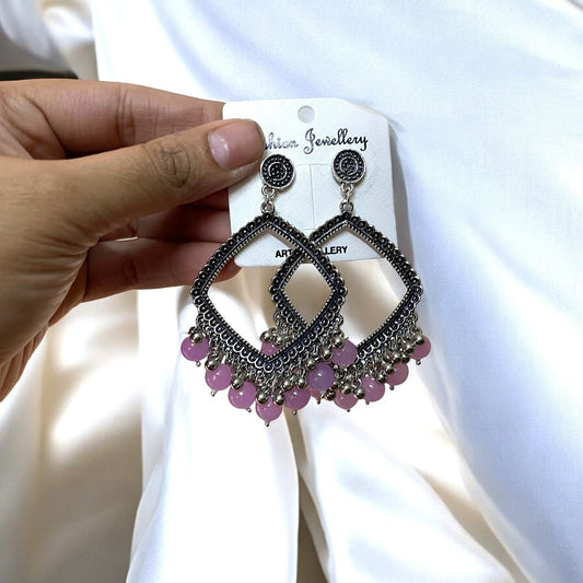 Silver Circle Oxidised Earring (Lilac Glass Beads) For Resin Art - ClartStudios - Polymer clay Jewellery