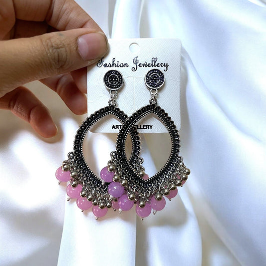 Silver Motif Oxidised Earring (Lilac Glass Beads) For Resin Art - ClartStudios - Polymer clay Jewellery