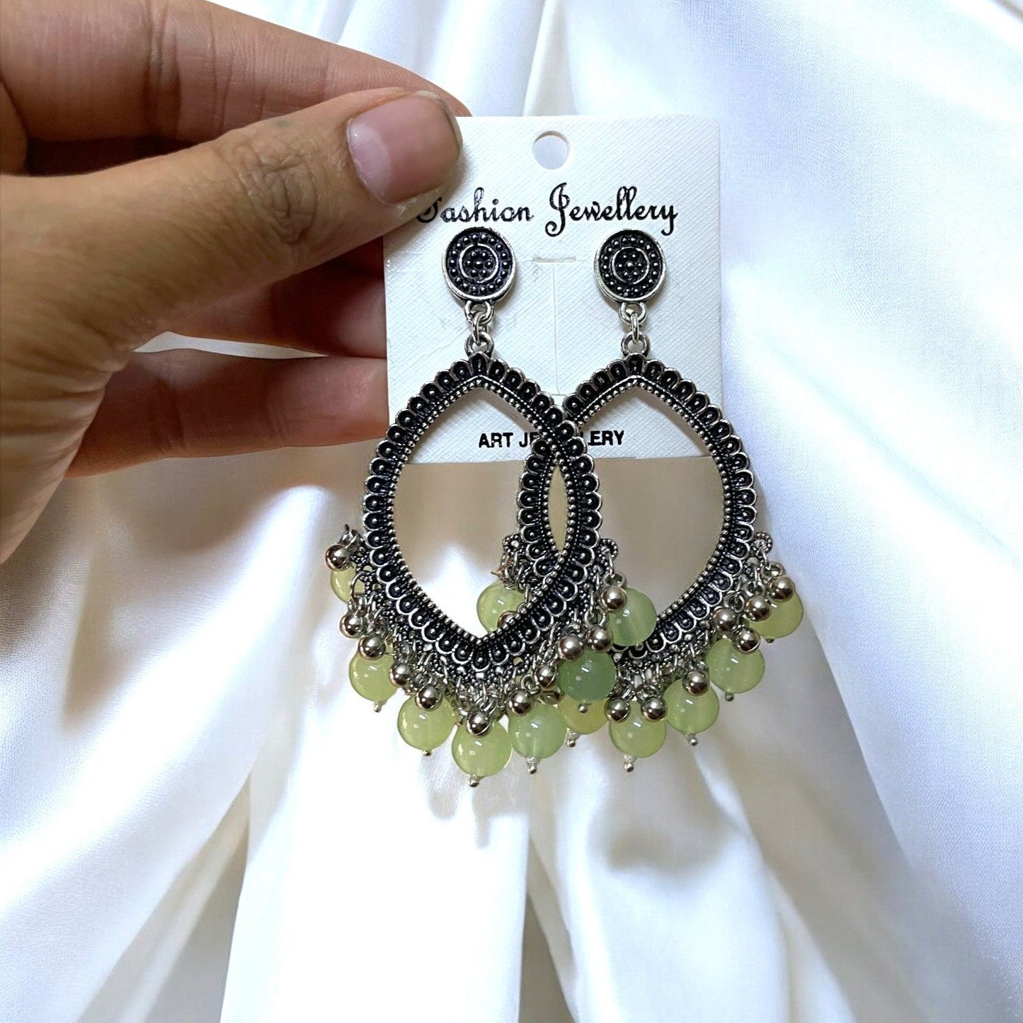 Silver Motif Oxidised Earring (Green Glass Beads) For Resin Art - ClartStudios - Polymer clay Jewellery