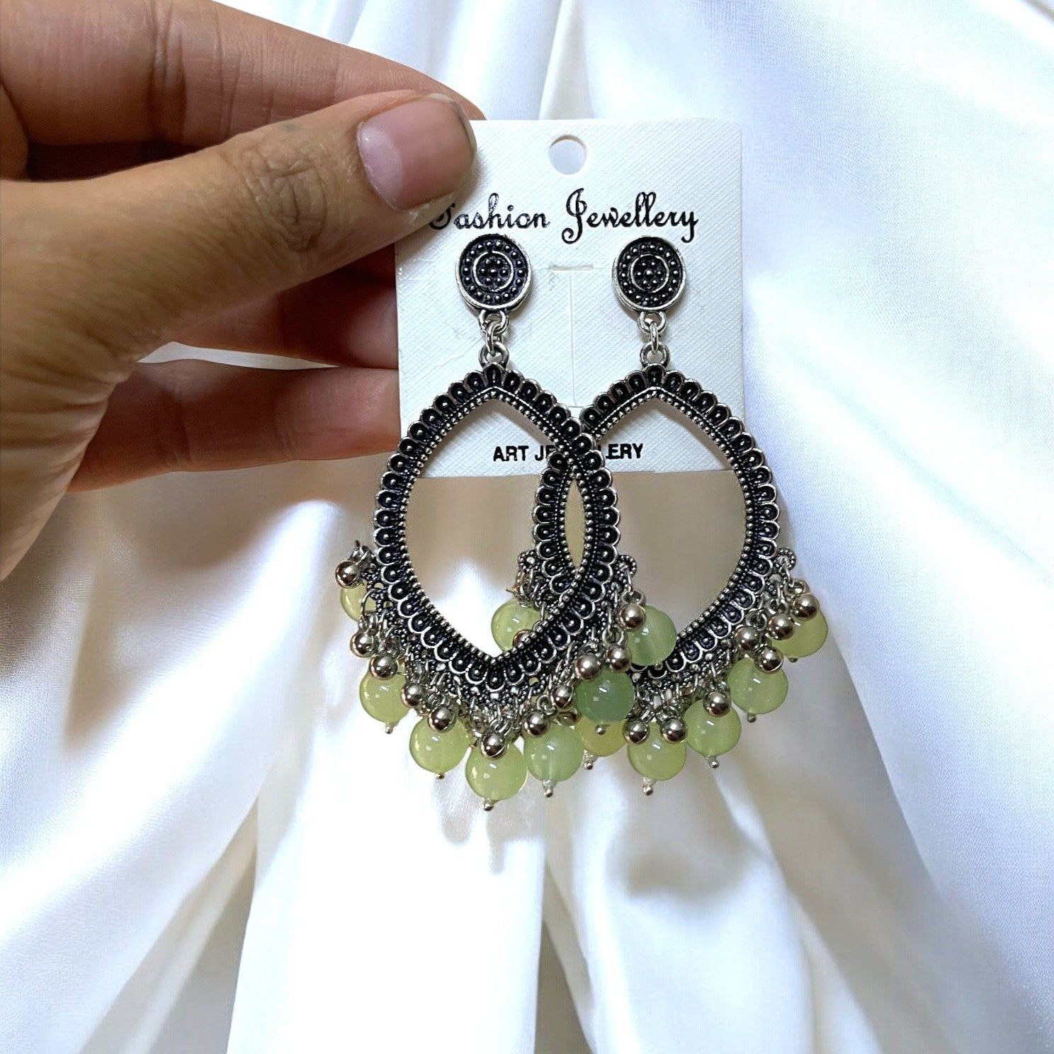 Silver Motif Oxidised Earring (Green Glass Beads) For Resin Art - ClartStudios - Polymer clay Jewellery