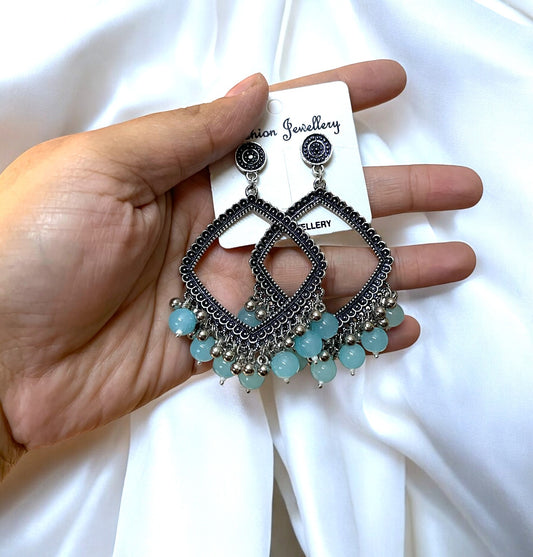 Silver Motif Oxidised Earring (Blue Glass Beads) For Resin Art - ClartStudios - Polymer clay Jewellery