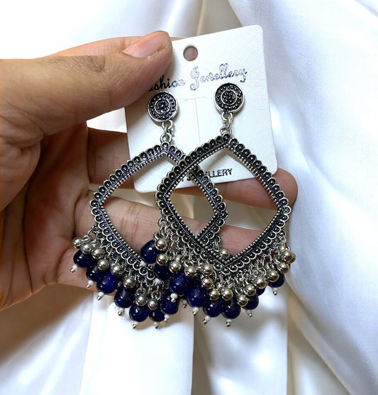 Silver Motif Oxidised Earring (Navy Blue Glass Beads) For Resin Art - ClartStudios - Polymer clay Jewellery