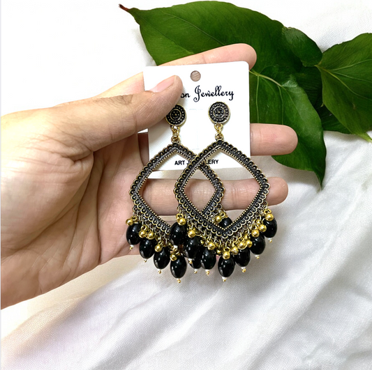 Golden Rhombus Oxidised Earring (Black Beads) For Resin Art - ClartStudios - Polymer clay Jewellery