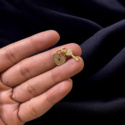 BTF40 - Multi Zircon Heart Lock and Key 18k Gold Plated Brass Pendant (Anti Tarnish) (1pc) - ClartStudios - Polymer clay Jewellery