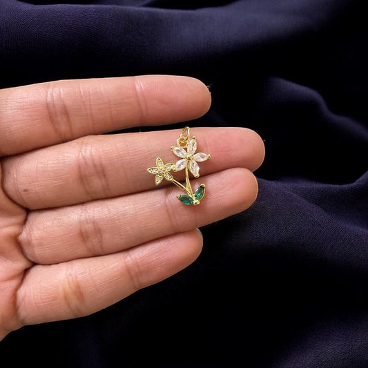 BTF48 - Classic Zircon Flowers with Emerald Leaf Style 18k Gold Plated Brass Pendant (Anti Tarnish) (1pc) - ClartStudios - Polymer clay Jewellery