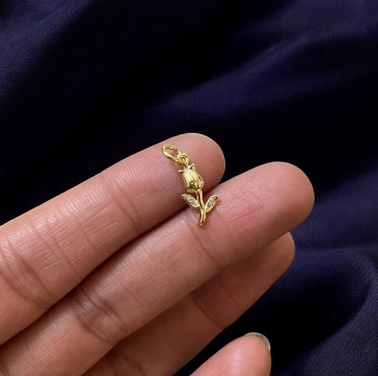 BTF64 - Mini Tulip with Zircon Leaf 18k Gold Plated Brass Pendant (Anti Tarnish) (1pc) - ClartStudios - Polymer clay Jewellery