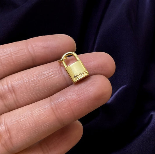 BTF63 - Lock with 'BELIEVE' 18k Gold Plated Brass Pendant (Anti Tarnish) (1pc) - ClartStudios - Polymer clay Jewellery