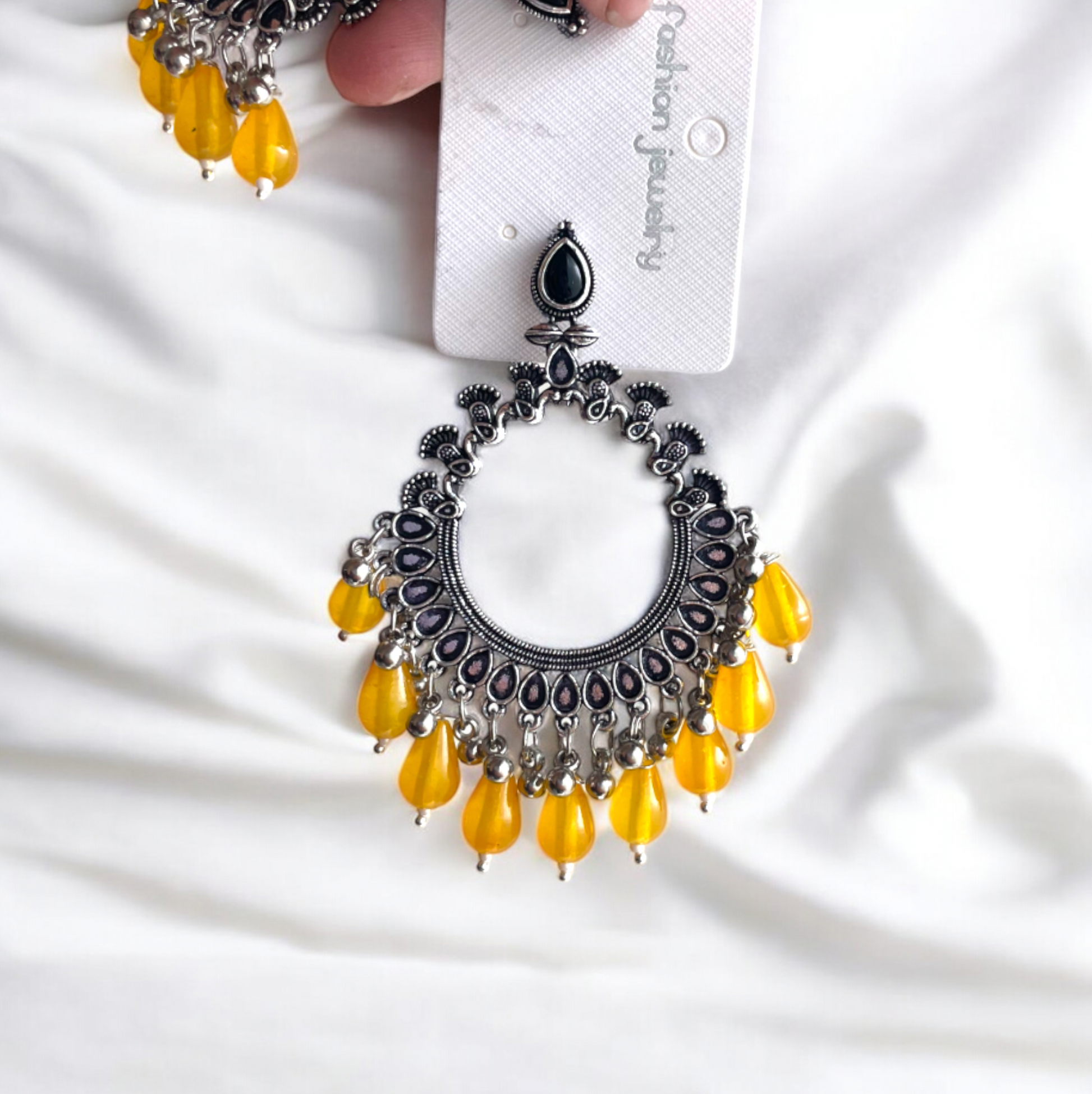 Silver Peacock Motif Oxidised Earring (Yellow Beads) For Resin Art - ClartStudios - Polymer clay Jewellery