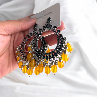 Silver Peacock Motif Oxidised Earring (Yellow Beads) For Resin Art - ClartStudios - Polymer clay Jewellery