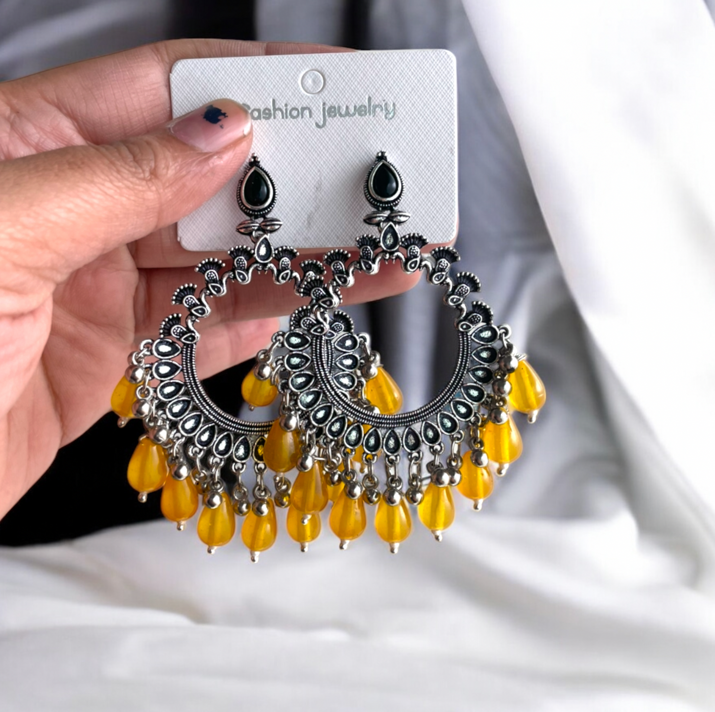 Silver Peacock Motif Oxidised Earring (Yellow Beads) For Resin Art - ClartStudios - Polymer clay Jewellery