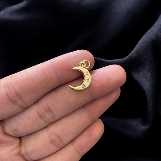 BTF65 - Moon with Zircon' 18k Gold Plated Brass Pendant (Anti Tarnish) (1pc) - ClartStudios - Polymer clay Jewellery