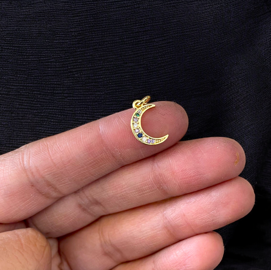 BTF70 - Multi-stone Moon with Zircon 18k Gold Plated Brass Pendant (Anti Tarnish) (1pc) - ClartStudios - Polymer clay Jewellery