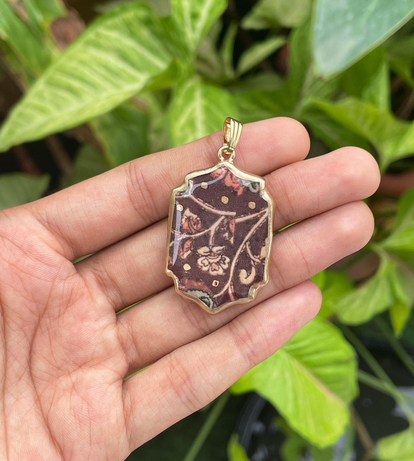 Brown Fabric Motif Shaped - Cold Porcelain Charms Pendant (With Bail) - ClartStudios - Polymer clay Jewellery