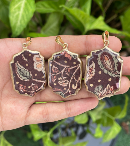 Brown Fabric Motif Shaped - Cold Porcelain Charms Pendant (With Bail) - ClartStudios - Polymer clay Jewellery