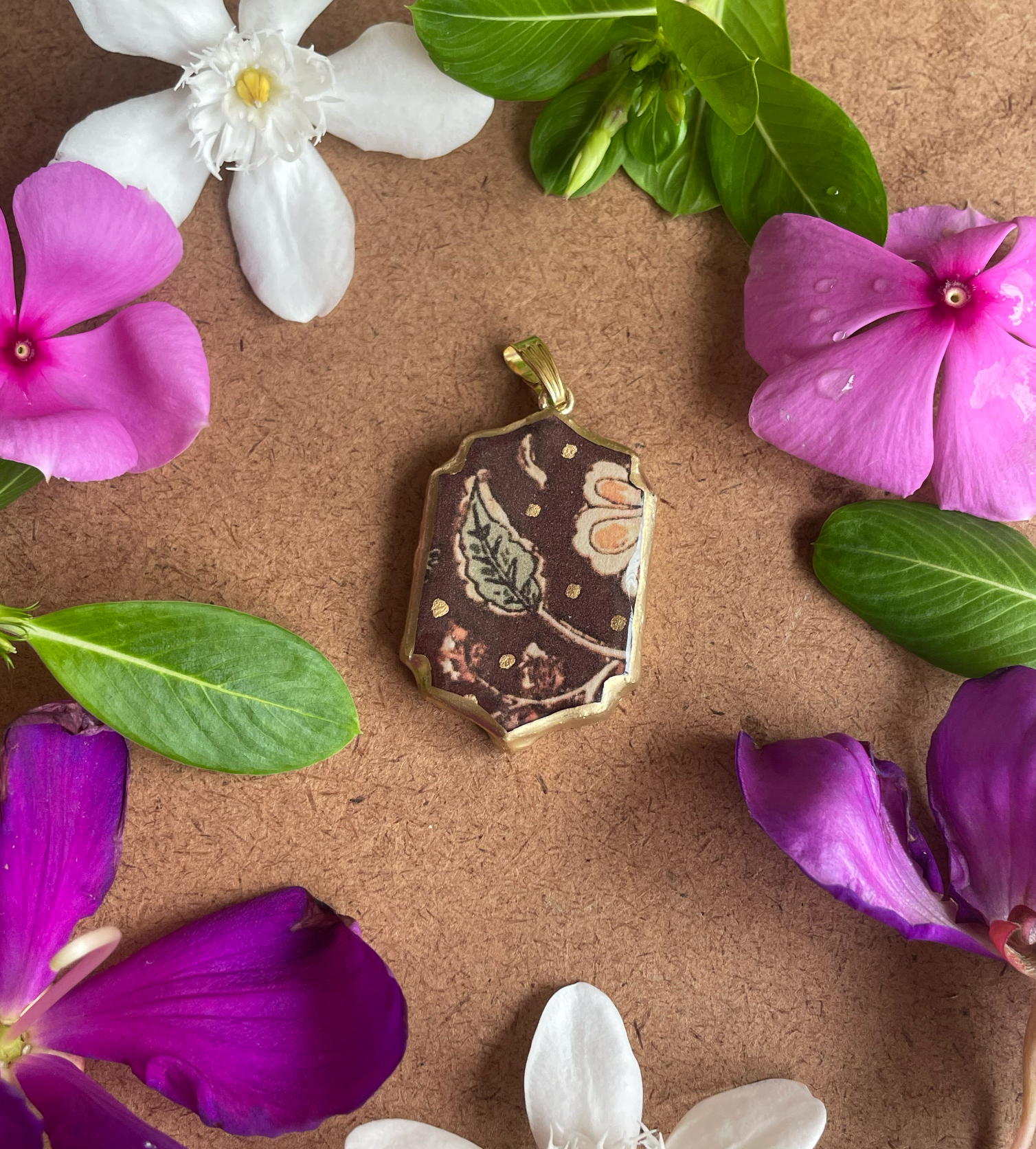 Brown Fabric Motif Shaped - Cold Porcelain Charms Pendant (With Bail) - ClartStudios - Polymer clay Jewellery