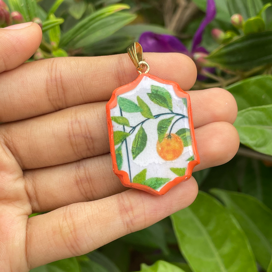 Summer Orange pattern Motif Shaped - Cold Porcelain Charms Pendant (With Bail) - ClartStudios - Polymer clay Jewellery