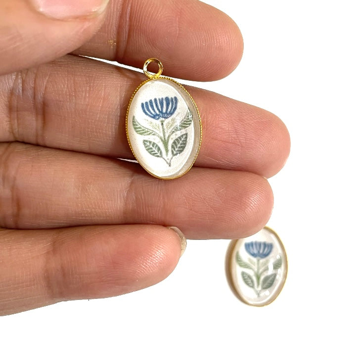 GN026 - Pack of 2pcs - Vintage Flower Boho - Glass Pendants with Metal Base - ClartStudios - Polymer clay Jewellery