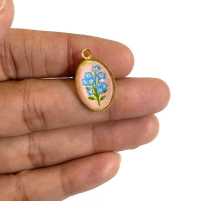 GN027 - Pack of 2pcs - Blue Flowers - Glass Pendants with Metal Base - ClartStudios - Polymer clay Jewellery