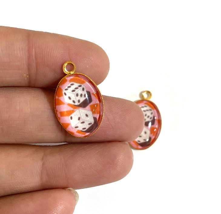 GN028 - Pack of 2pcs - Vintage Dice Play  - Glass Pendants with Metal Base - ClartStudios - Polymer clay Jewellery