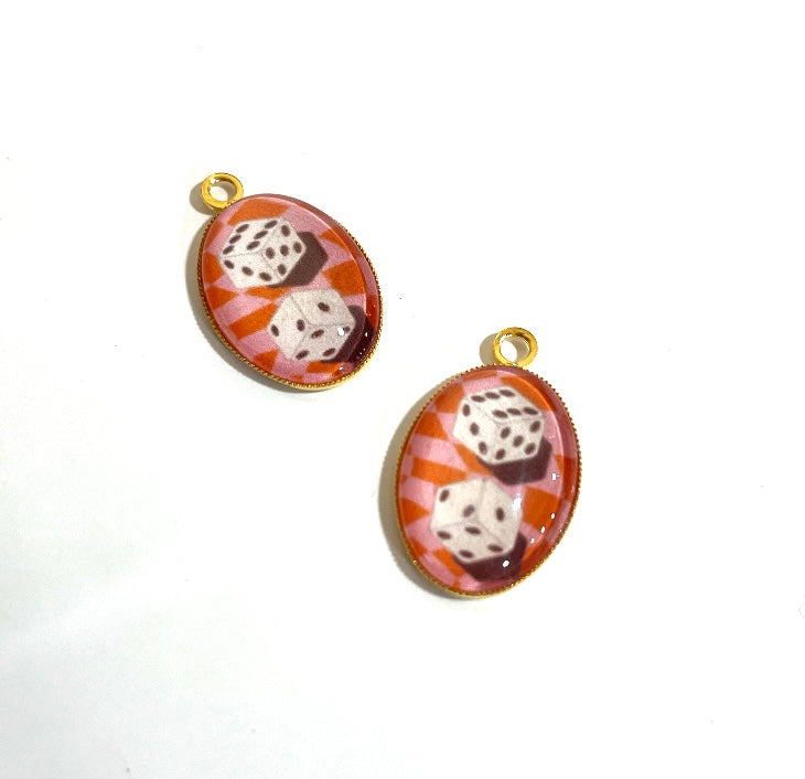 GN028 - Pack of 2pcs - Vintage Dice Play  - Glass Pendants with Metal Base - ClartStudios - Polymer clay Jewellery