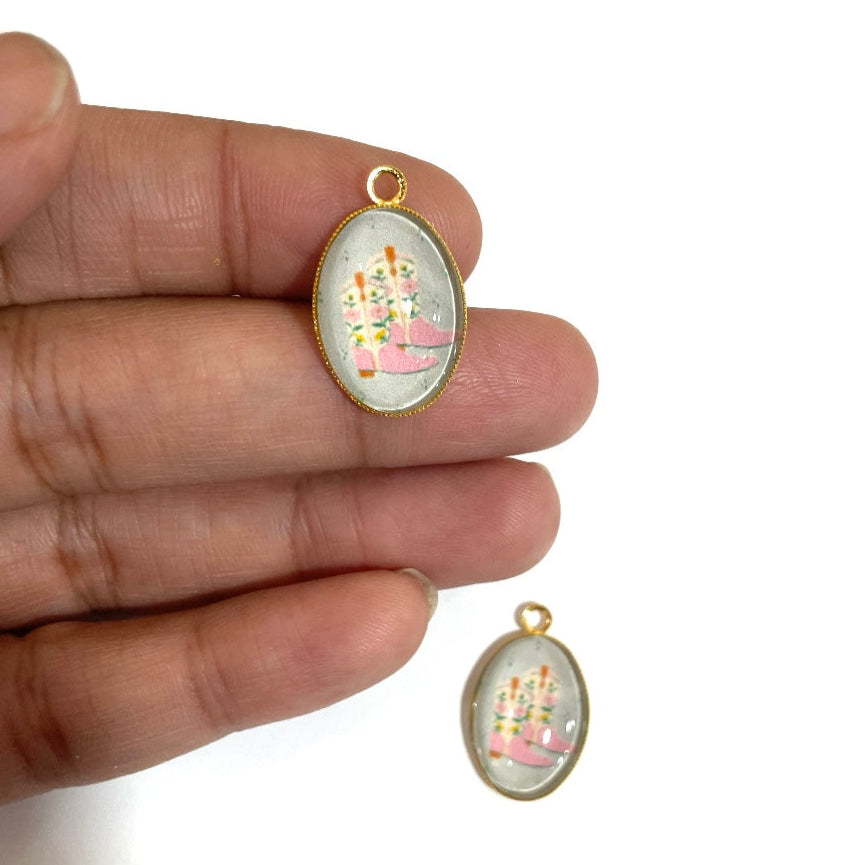 GN018 - Pack of 2pcs - Pastel Cow Boots - Glass Pendants with Metal Base - ClartStudios - Polymer clay Jewellery