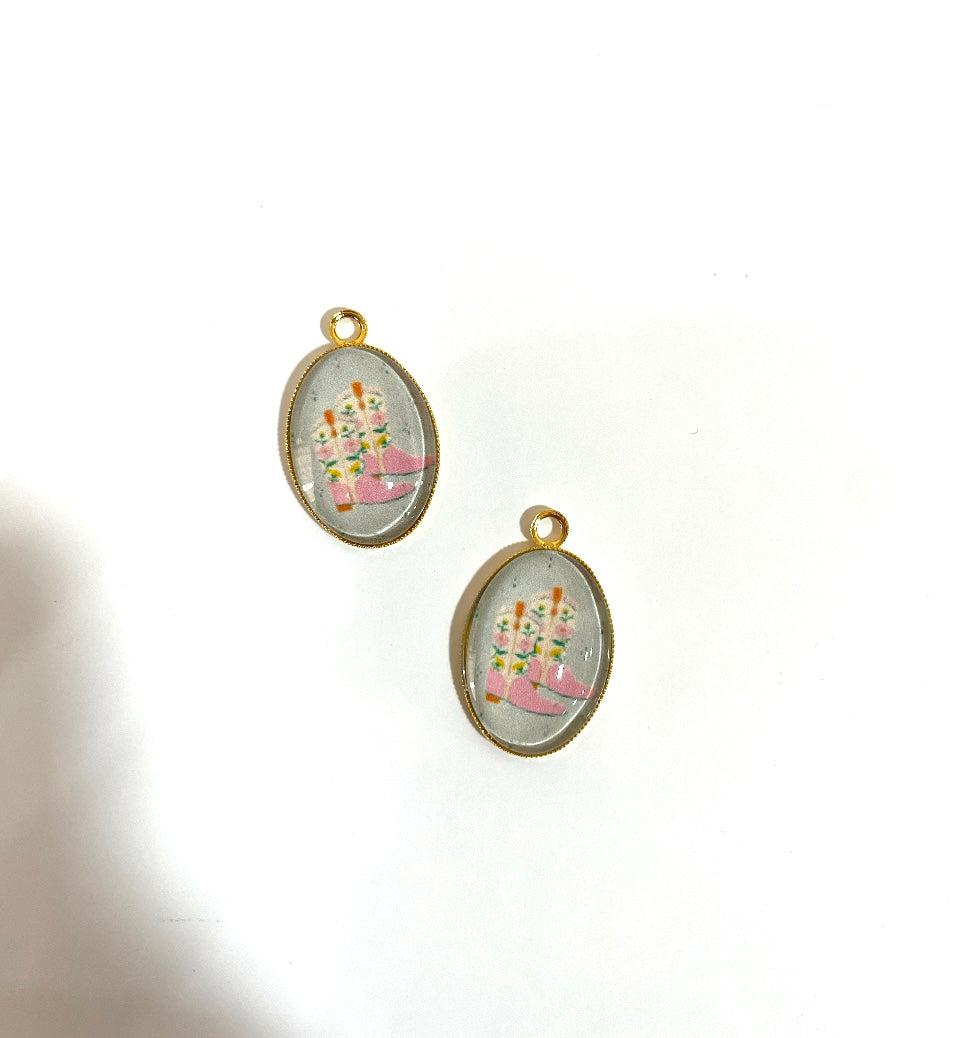 GN018 - Pack of 2pcs - Pastel Cow Boots - Glass Pendants with Metal Base - ClartStudios - Polymer clay Jewellery