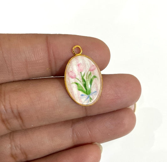 GN021 - Pack of 2pcs - Pink Tulips - Glass Pendants with Metal Base - ClartStudios - Polymer clay Jewellery