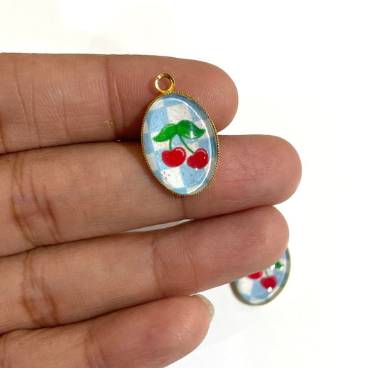 GN019 - Pack of 2pcs - Cherry with Checkers Background - Glass Pendants with Metal Base - ClartStudios - Polymer clay Jewellery