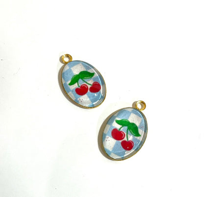 GN019 - Pack of 2pcs - Cherry with Checkers Background - Glass Pendants with Metal Base - ClartStudios - Polymer clay Jewellery