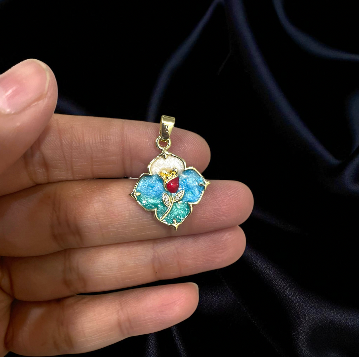 BTF134 - Floral Motif Enamel Filled with Zircon Gold Plated Brass Pendant (Anti Tarnish) (1pc) - ClartStudios - Polymer clay Jewellery