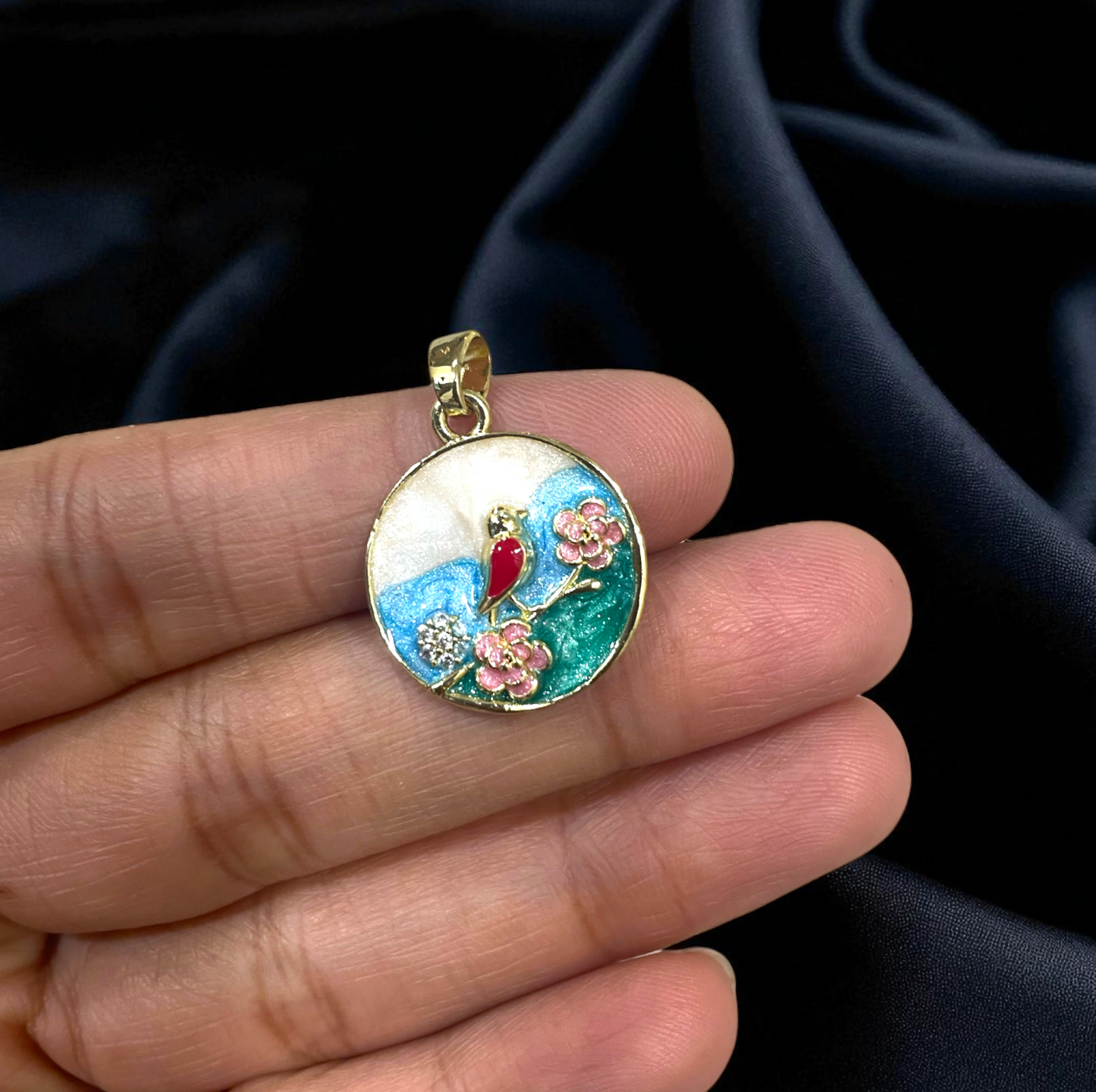 BTF132 - Bird Enamel Filled with Zircon Gold Plated Brass Pendant (Anti Tarnish) (1pc) - ClartStudios - Polymer clay Jewellery