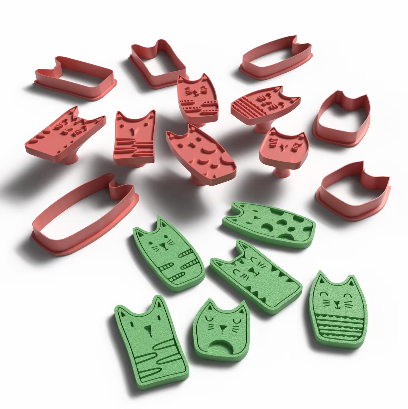 Cat Faces Cookie Cutter and Stamp Set (6 Stamps & 6 Cutters) - ClartStudios - Polymer clay Jewellery