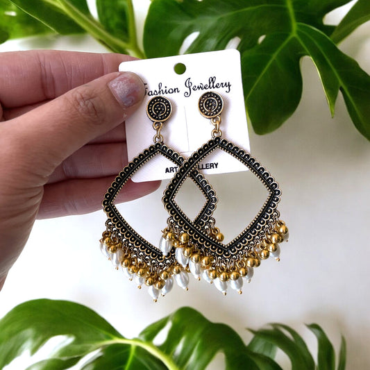 Golden Rhombus Oxidised Earring (Pearl Beads) - ClartStudios - Polymer clay Jewellery