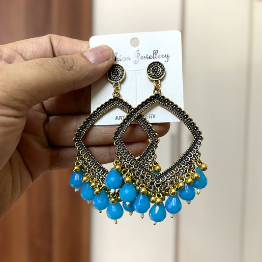 Golden Rhombus Oxidised Earring (Sky Blue Beads) for resin art - ClartStudios - Polymer clay Jewellery