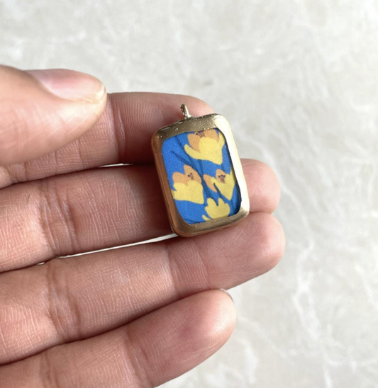 PO16 - Blue and Yellow Abstract Flowers - Cold Porcelain Charms Pendant (Dispatch in 7-9 Days) - ClartStudios - Polymer clay Jewellery