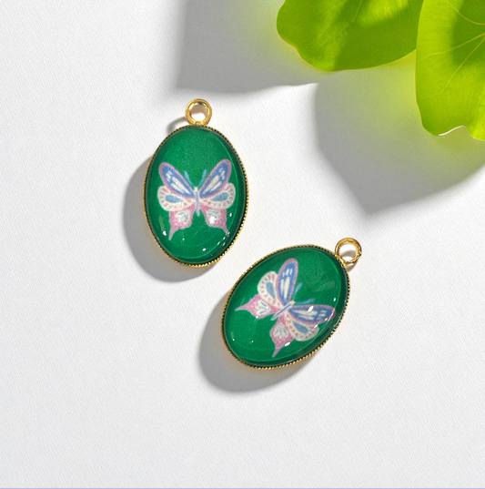 GN01 - Pack of 2pcs - Green Butterfly - Glass Pendants with Metal Base - ClartStudios - Polymer clay Jewellery