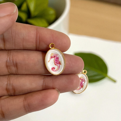 GN04 - Pack of 2pcs - Pink Sea Horse- Glass Pendants with Metal Base - ClartStudios - Polymer clay Jewellery