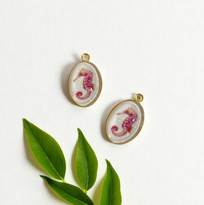 GN04 - Pack of 2pcs - Pink Sea Horse- Glass Pendants with Metal Base - ClartStudios - Polymer clay Jewellery