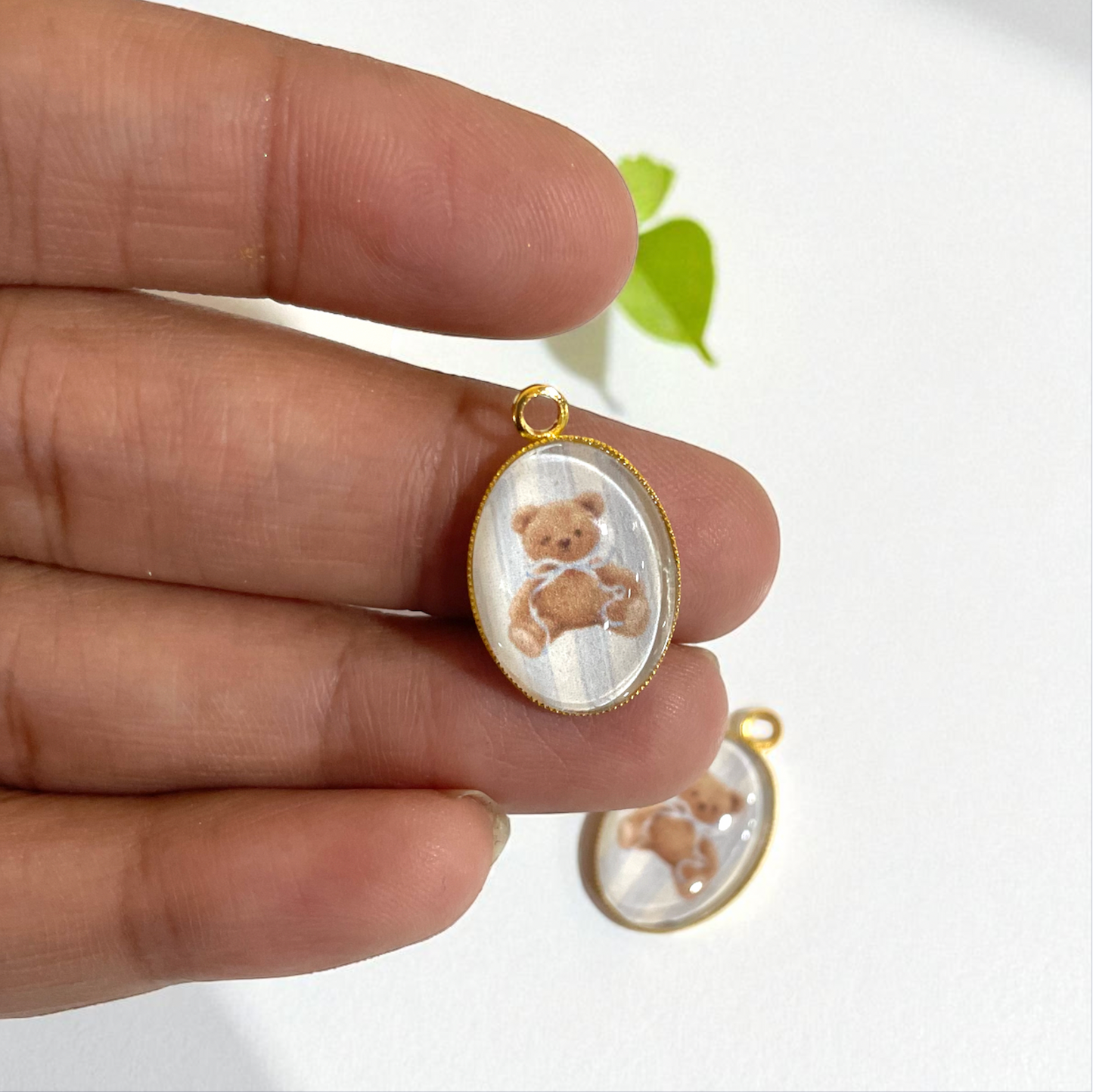 GN05 - Pack of 2pcs - Brown Teddy- Glass Pendants with Metal Base - ClartStudios - Polymer clay Jewellery