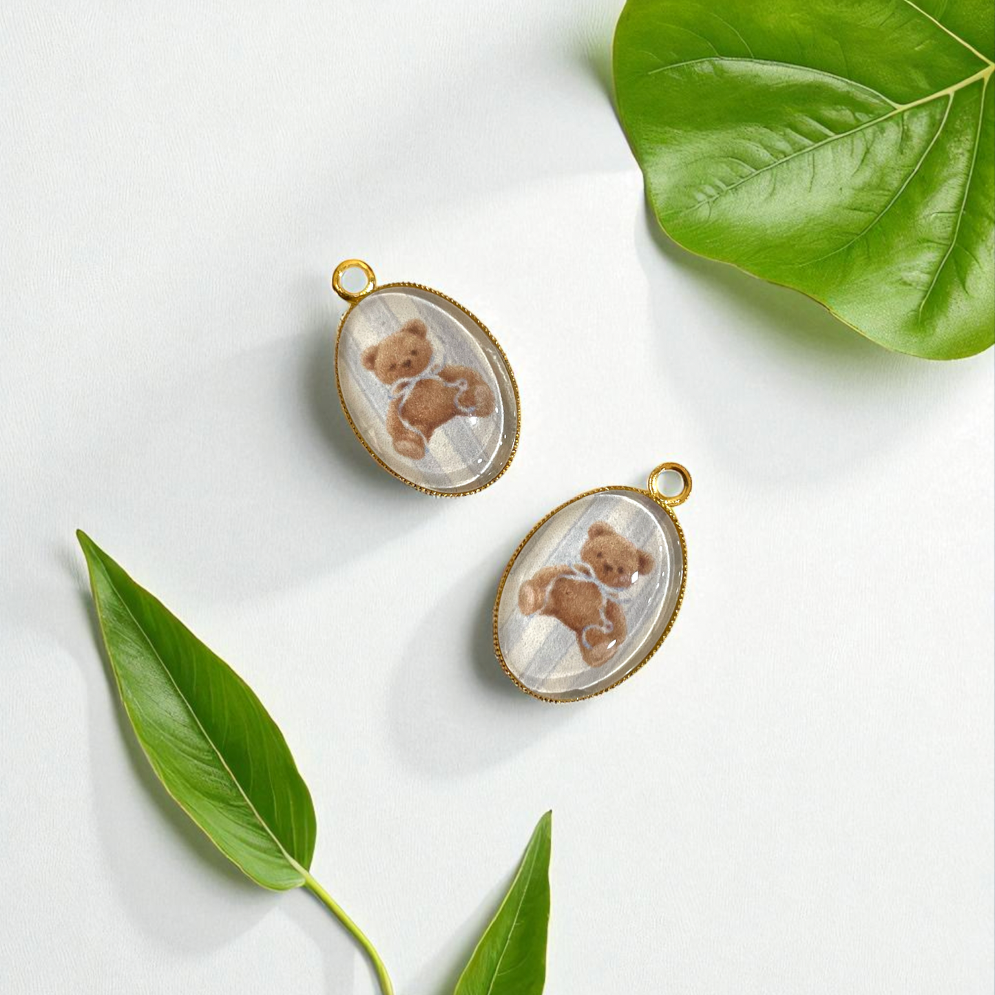 GN05 - Pack of 2pcs - Brown Teddy- Glass Pendants with Metal Base - ClartStudios - Polymer clay Jewellery