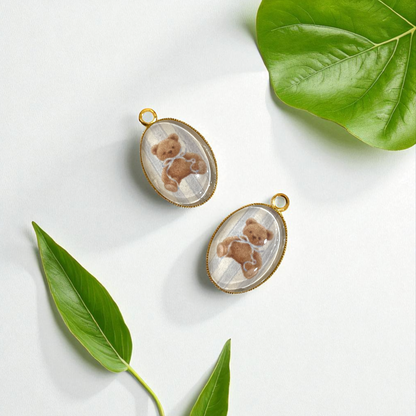 GN05 - Pack of 2pcs - Brown Teddy- Glass Pendants with Metal Base - ClartStudios - Polymer clay Jewellery