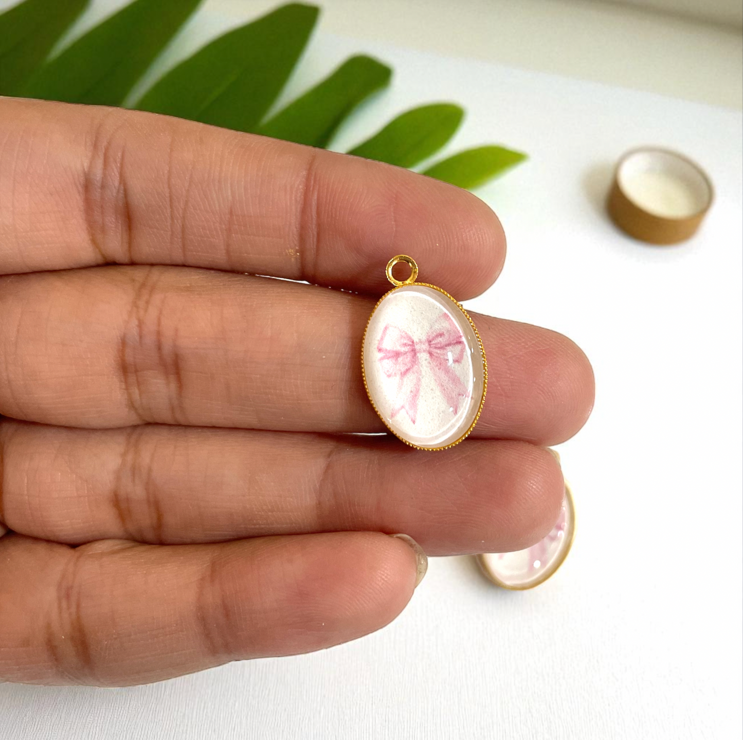 GN08 - Pack of 2pcs - Pink Bow  - Glass Pendants with Metal Base - ClartStudios - Polymer clay Jewellery