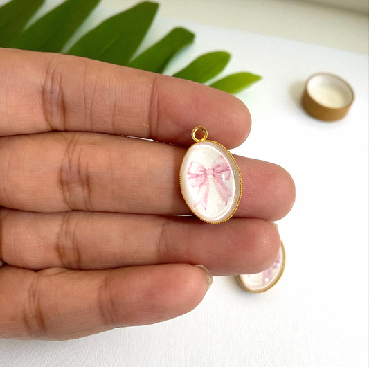 GN08 - Pack of 2pcs - Pink Bow  - Glass Pendants with Metal Base - ClartStudios - Polymer clay Jewellery