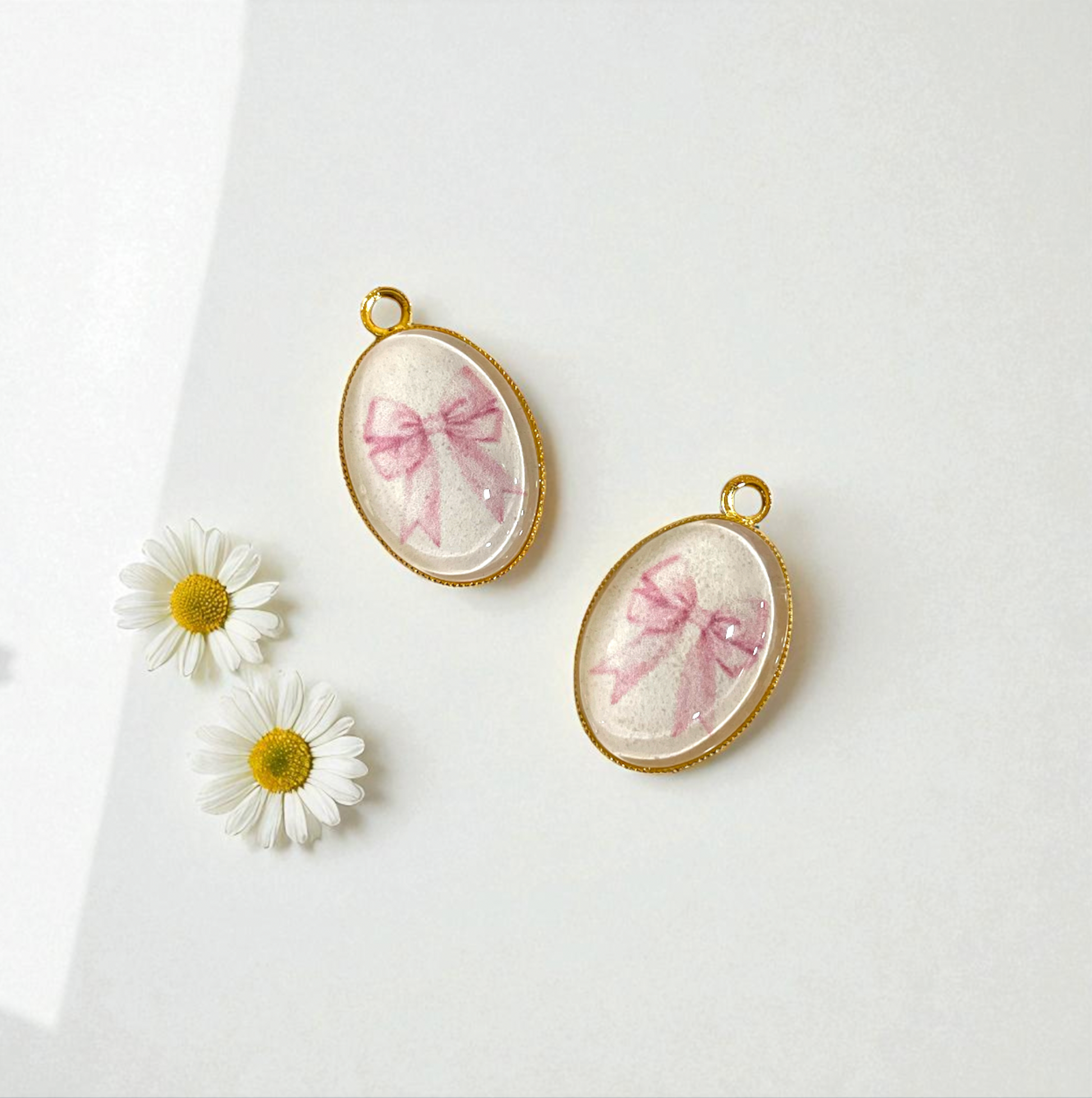 GN08 - Pack of 2pcs - Pink Bow  - Glass Pendants with Metal Base - ClartStudios - Polymer clay Jewellery