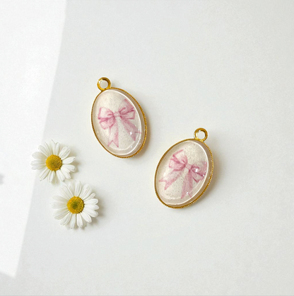 GN08 - Pack of 2pcs - Pink Bow  - Glass Pendants with Metal Base - ClartStudios - Polymer clay Jewellery