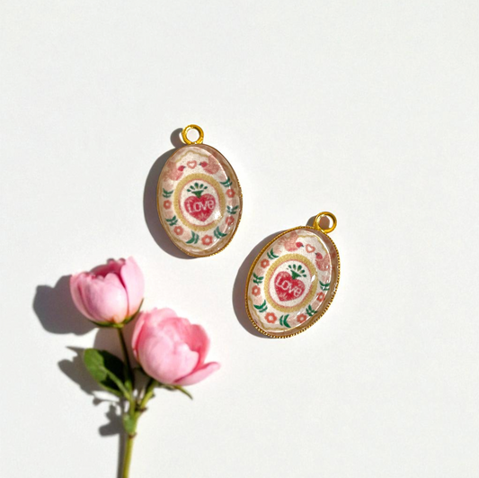 GN09 - Pack of 2pcs - Love  - Glass Pendants with Metal Base - ClartStudios - Polymer clay Jewellery