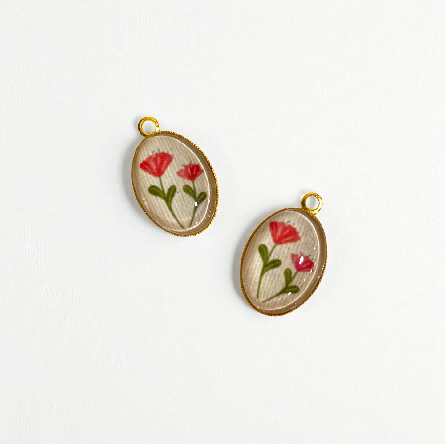 GN011 - Pack of 2pcs - Twin Flowers - Glass Pendants with Metal Base - ClartStudios - Polymer clay Jewellery